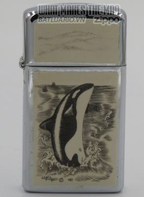 Zippo Slim 1980 with killer whale scrimshawed by Lois McLane