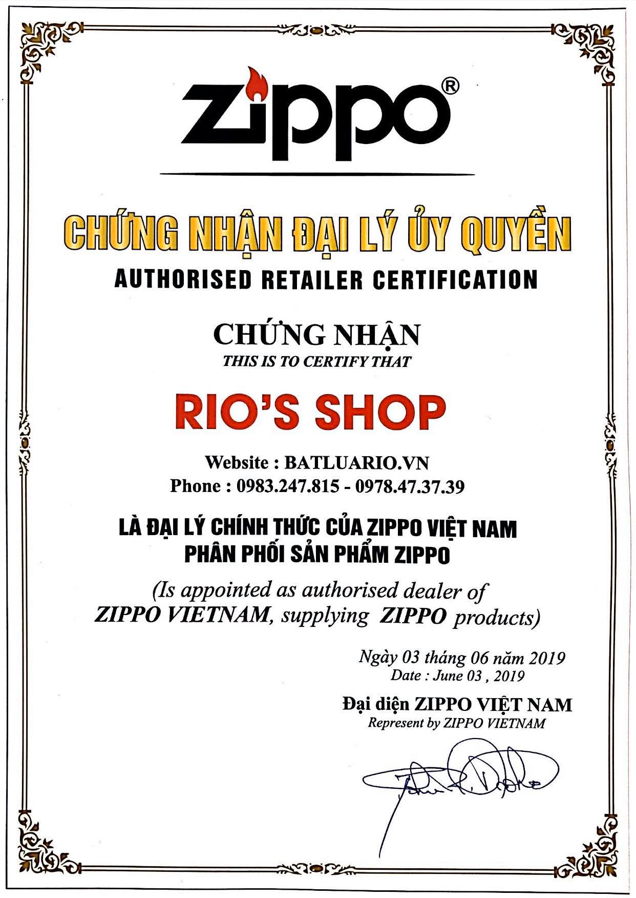 Giấy chứng nhận Đại lý Zippo chính hãng