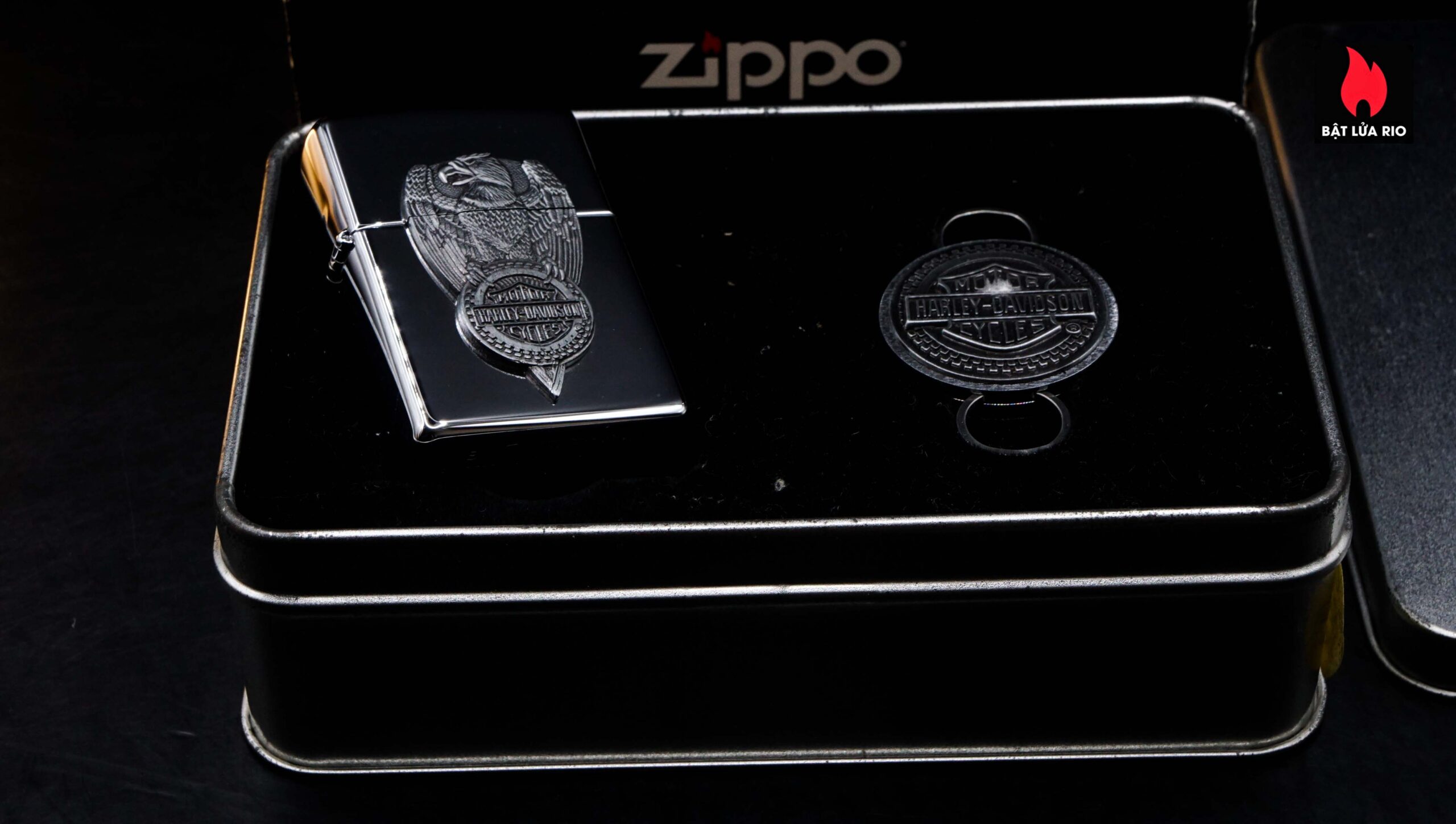 Zippo Set 1997 – Harley Davidson – Eagle on Tire Lighter/Keyholder Gift S 4