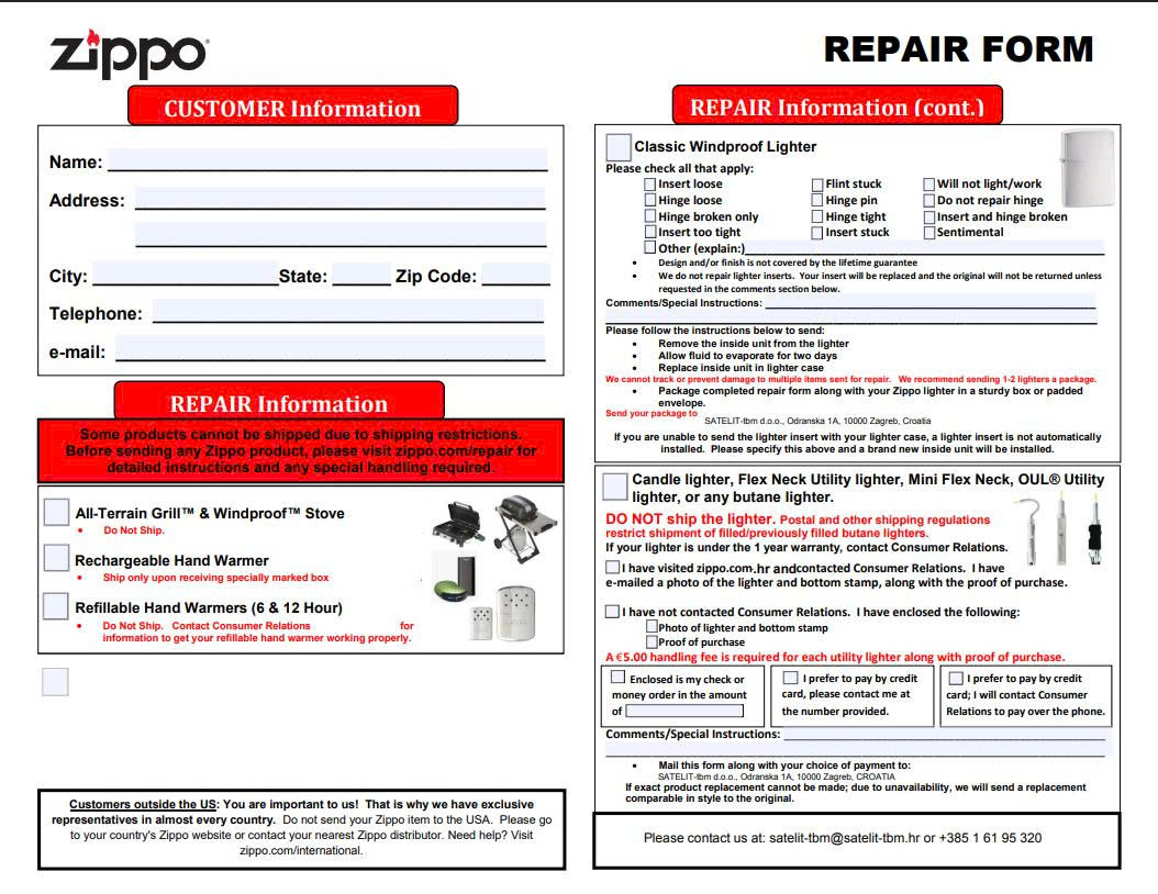 Mẫu đơn yêu cầu sửa chữa (Repair Form) chính thức của thương hiệu bật lửa Zippo dành cho khách hàng gửi sản phẩm bảo hành.