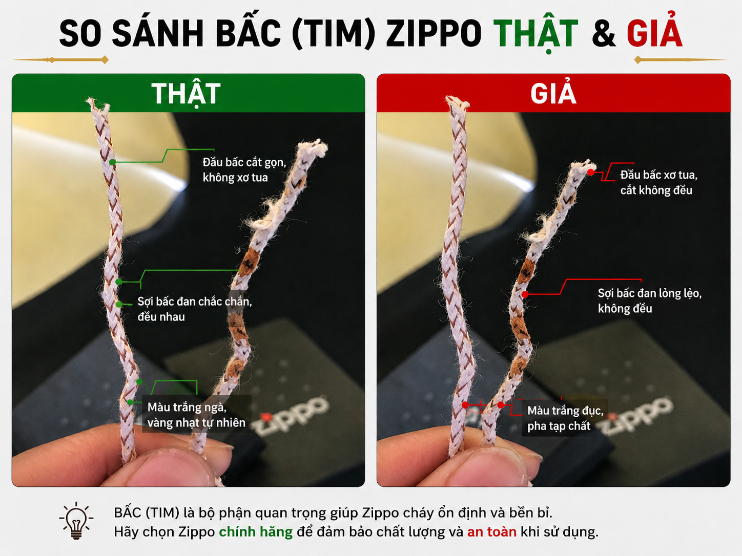 So sánh bấc zippo thật giả
