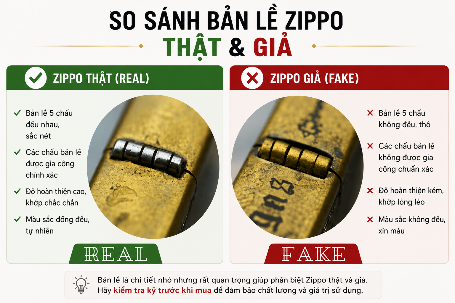 So sánh bản lề Zippo thật giả