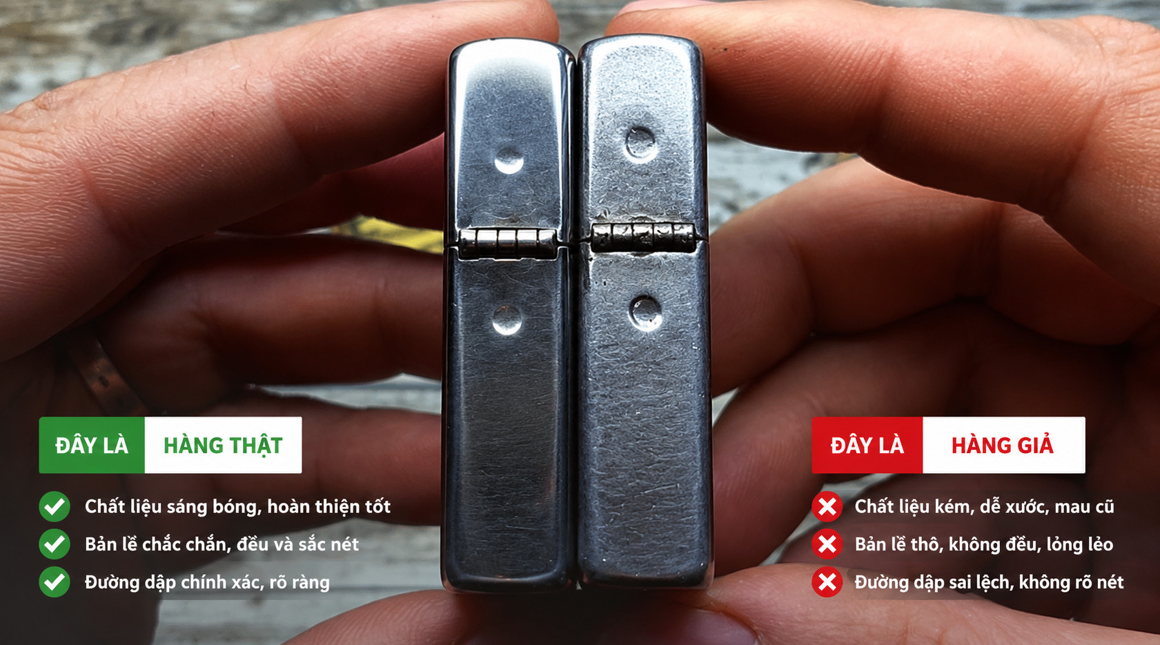 So sánh bản lề Zippo thật và giả