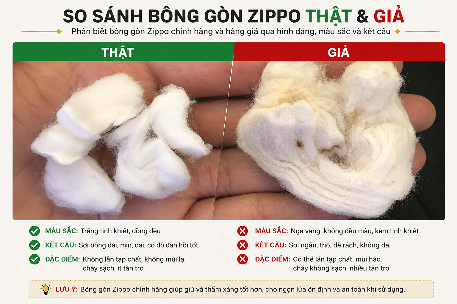 So sánh bông gòn Zippo thật giả