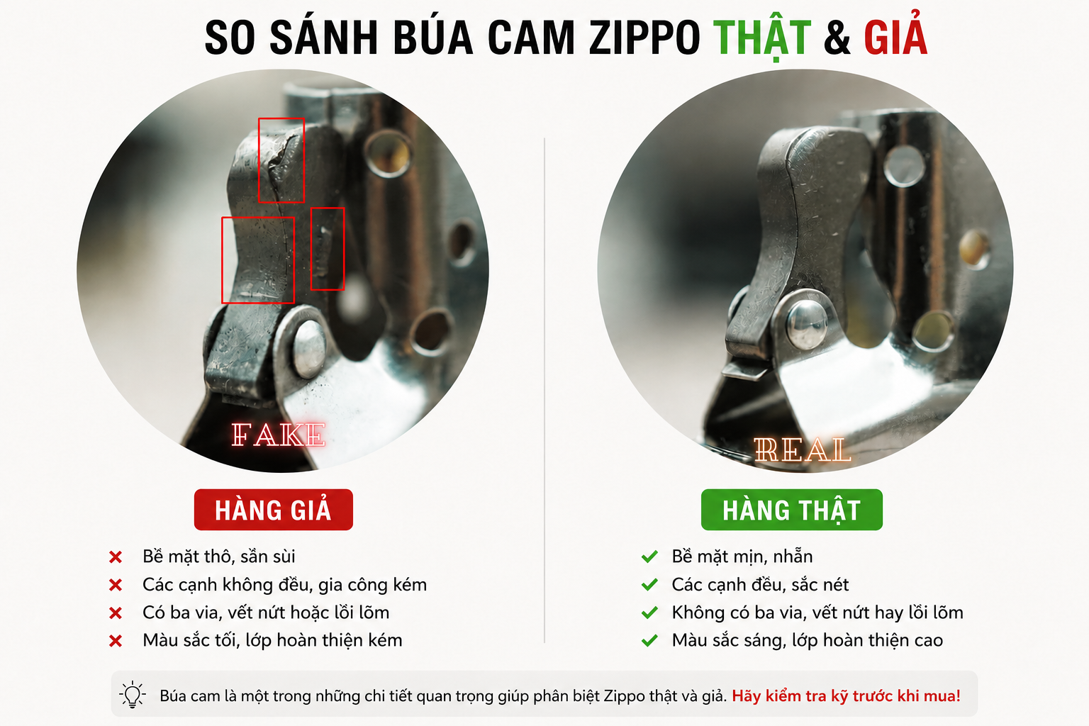 So sánh búa cam Zippo thật giả
