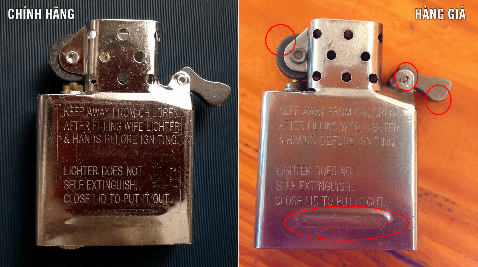 So sánh đinh tán Zippo thật giả