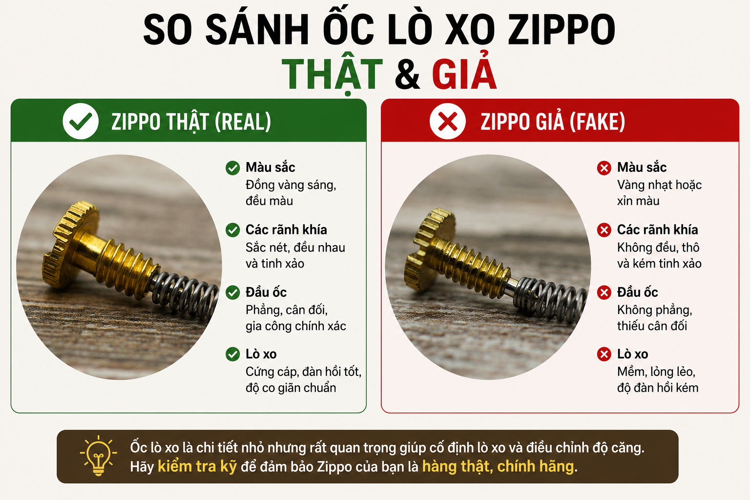 So sánh lò xo Zippo thật giả