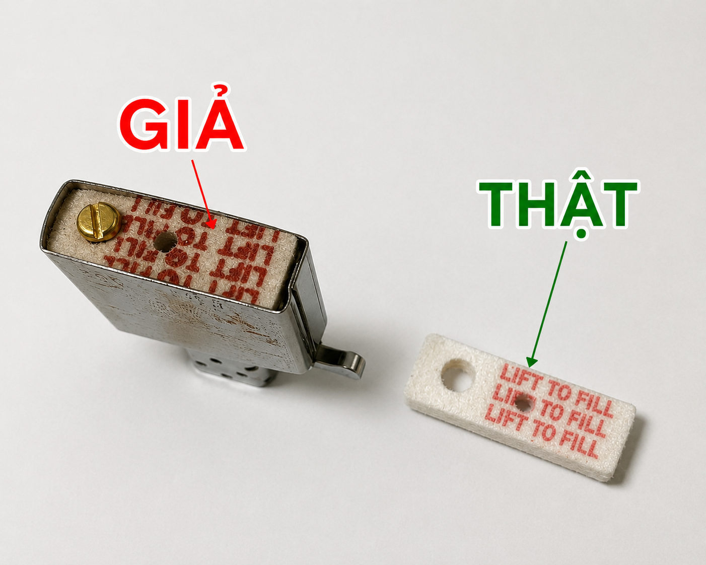 So sánh miếng chặn xăng Zippo thật giả.webp.