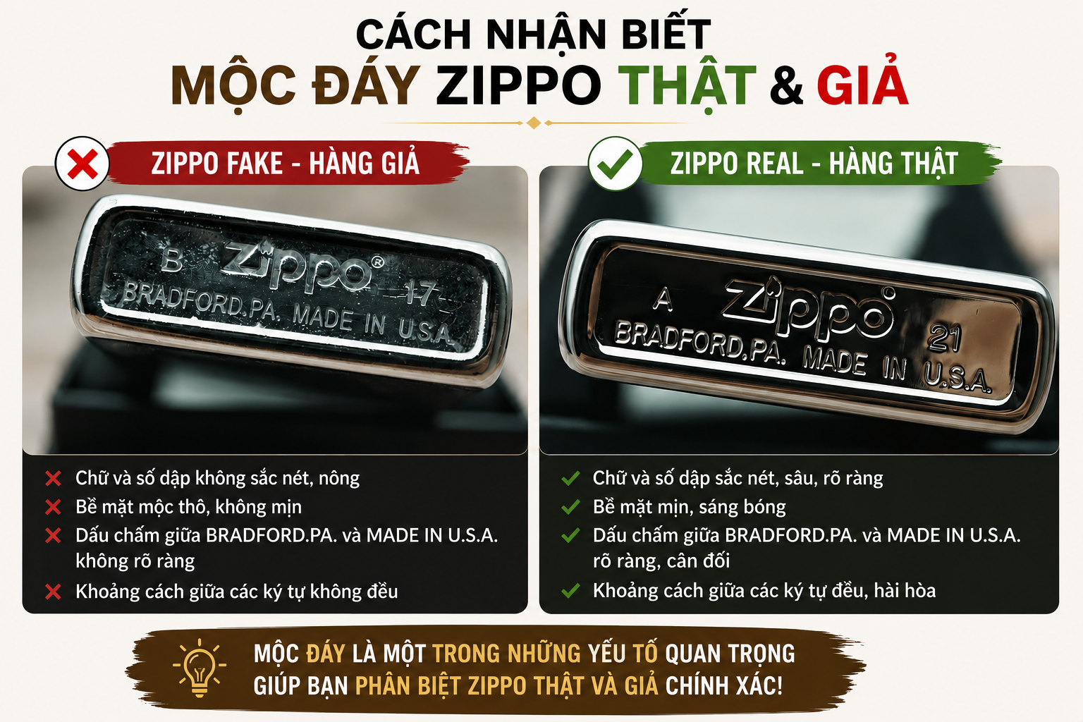 So sánh mộc đáy Zippo thật giả