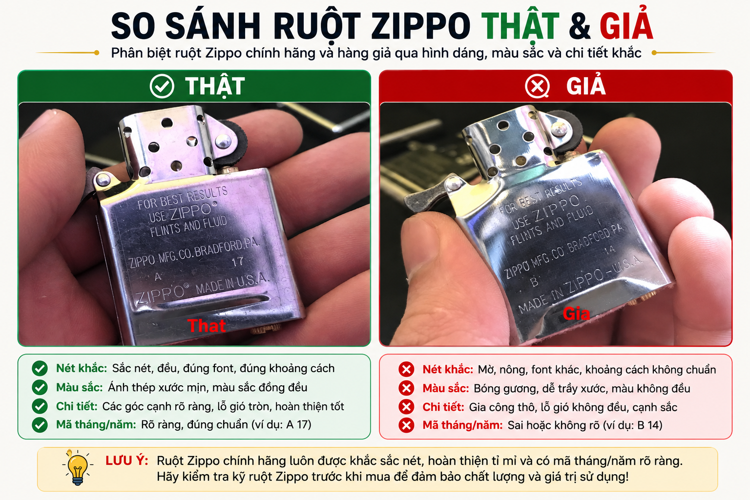 So sánh ruột Zippo thật giả