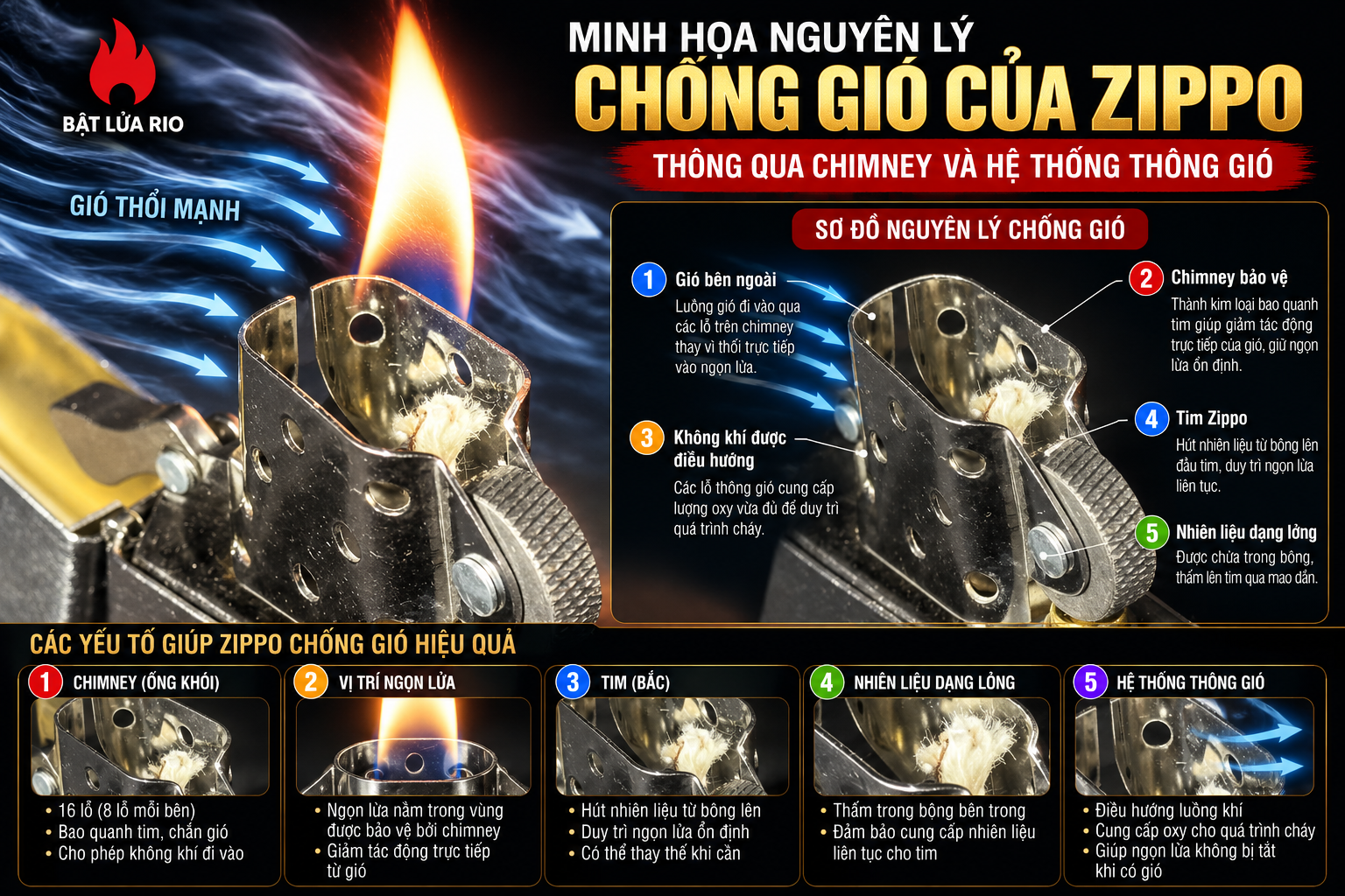 Vì Sao Zippo Không Tắt Khi Có Gió? Giải Mã Công Nghệ Chống Gió Của Bật Lửa Zippo 15 Minh họa nguyên lý chống gió của Zippo thông qua ống khói và hệ thống thông gió