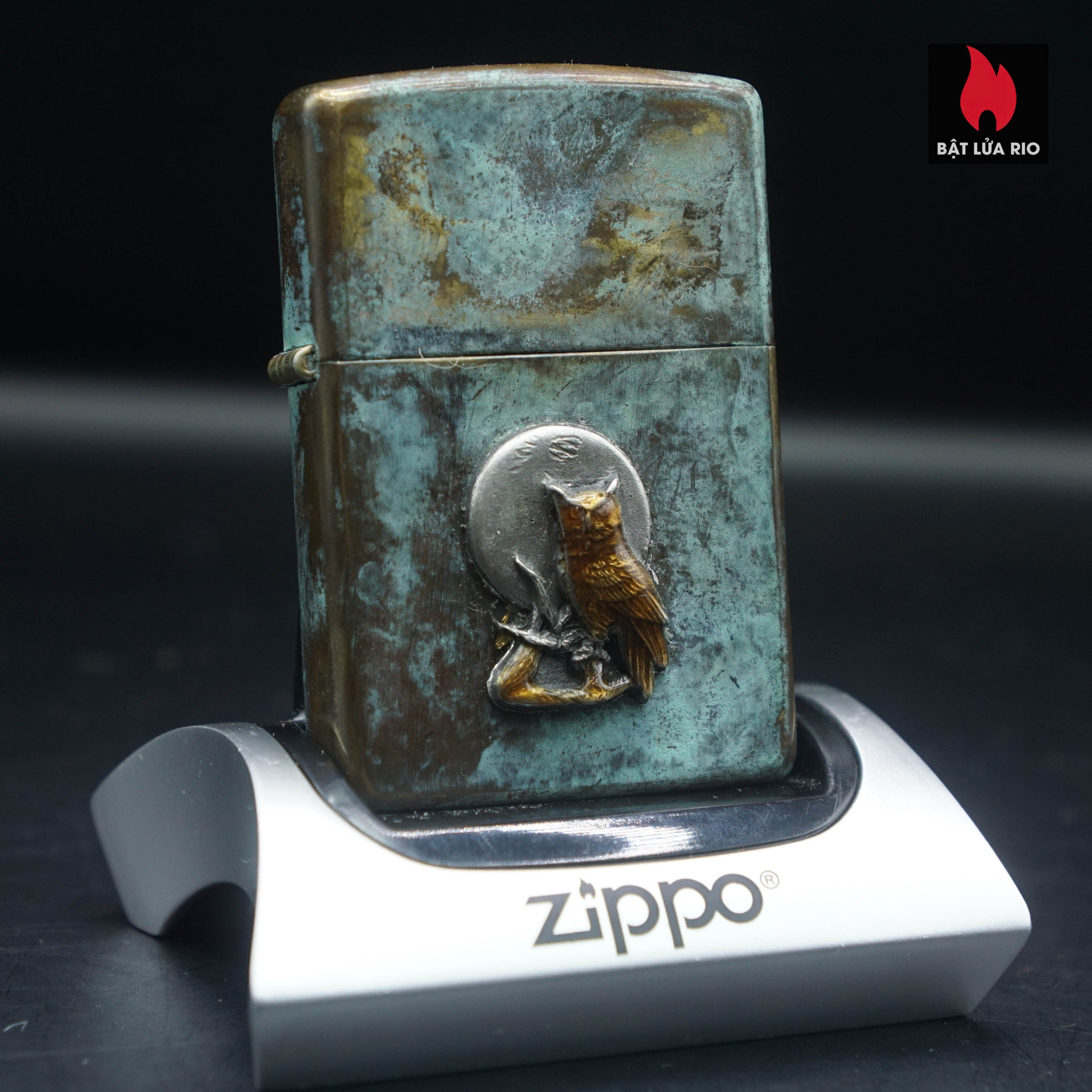 Home 43 Zippo La Mã 1991 – Đồng Phủ Giả Cổ – Miếng Ốp Dán Nổi 2 Mặt – Emblem Chim Cú Mèo