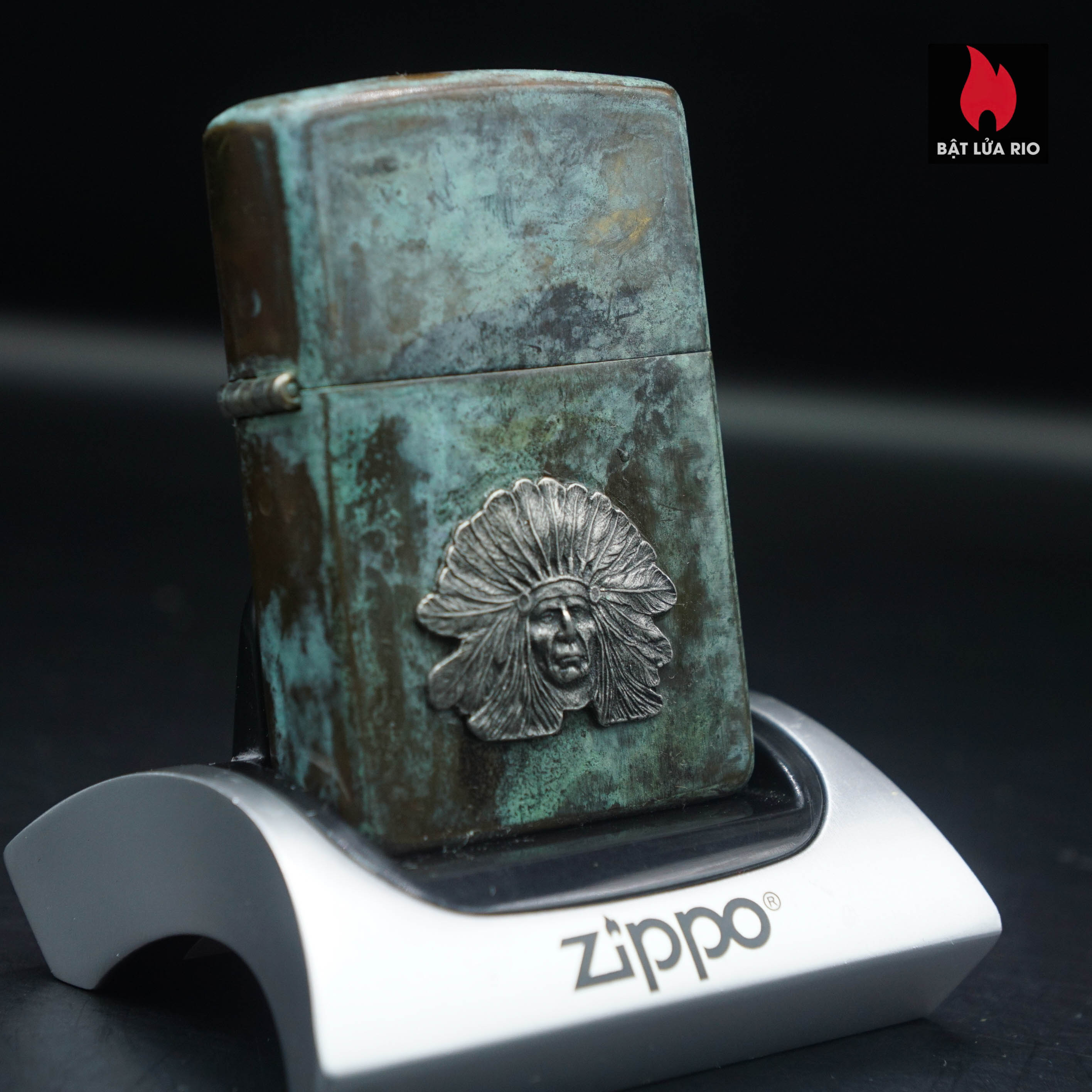 Zippo La Mã 1991 – Đồng Phủ Giả Cổ – Miếng Ốp Dán Nổi 2 Mặt – Emblem Tù Trưởng Thổ Dân Da Đỏ